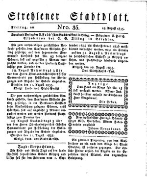 Strehlener Stadtblatt vom 28.08.1835