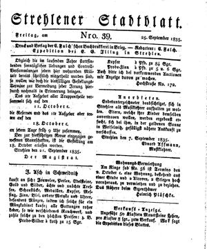 Strehlener Stadtblatt vom 25.09.1835