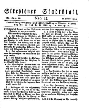 Strehlener Stadtblatt vom 16.10.1835