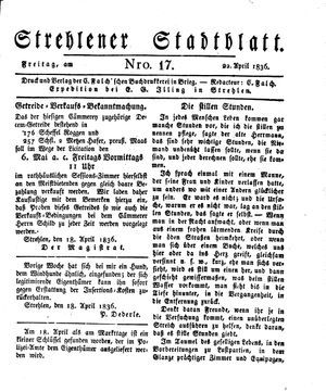 Strehlener Stadtblatt vom 22.04.1836