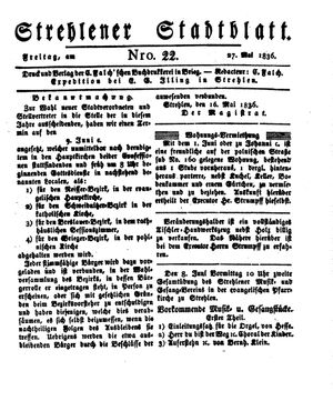 Strehlener Stadtblatt vom 27.05.1836