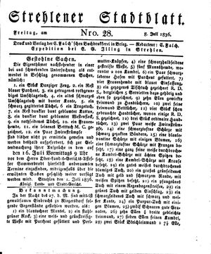 Strehlener Stadtblatt vom 08.07.1836