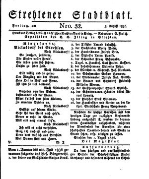 Strehlener Stadtblatt vom 05.08.1836