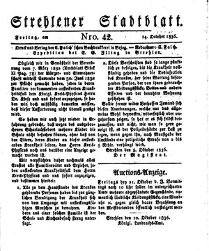 Strehlener Stadtblatt vom 14.10.1836