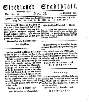 Strehlener Stadtblatt vom 30.12.1836