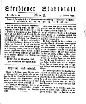Strehlener Stadtblatt vom 13.01.1837