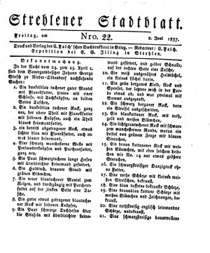 Strehlener Stadtblatt vom 02.06.1837