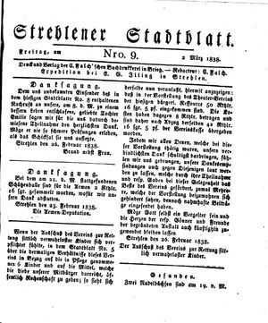 Strehlener Stadtblatt vom 02.03.1838