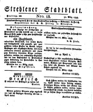 Strehlener Stadtblatt vom 30.03.1838