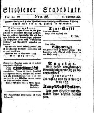 Strehlener Stadtblatt vom 21.09.1838