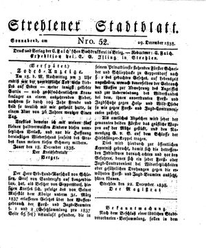 Strehlener Stadtblatt vom 29.12.1838