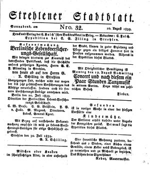 Strehlener Stadtblatt vom 10.08.1839
