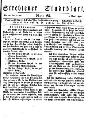 Strehlener Stadtblatt vom 06.06.1840
