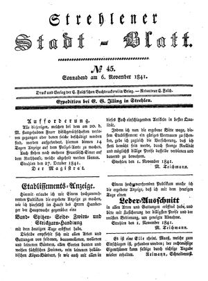 Strehlener Stadtblatt vom 06.11.1841