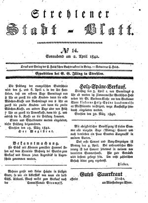 Strehlener Stadtblatt vom 02.04.1842