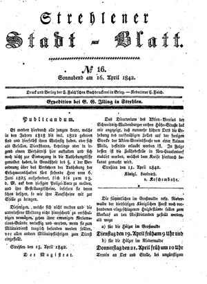 Strehlener Stadtblatt vom 16.04.1842