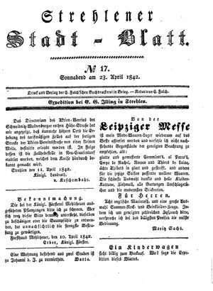 Strehlener Stadtblatt vom 23.04.1842