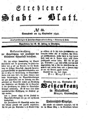 Strehlener Stadtblatt vom 24.09.1842
