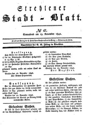 Strehlener Stadtblatt vom 19.11.1842
