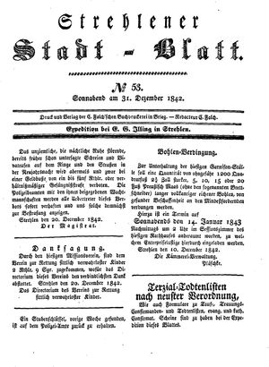 Strehlener Stadtblatt vom 31.12.1842