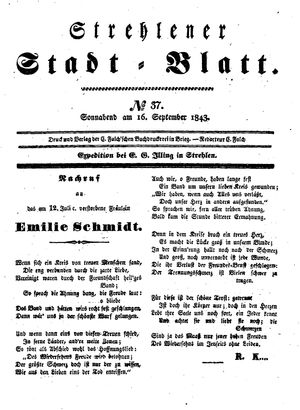 Strehlener Stadtblatt vom 16.09.1843