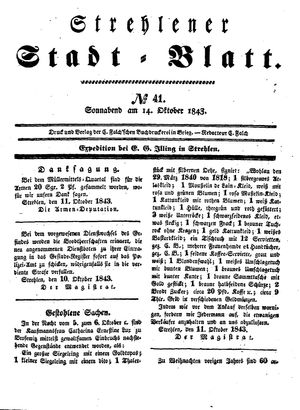 Strehlener Stadtblatt vom 14.10.1843
