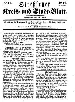 Strehlener Kreis- und Stadtblatt vom 18.04.1846