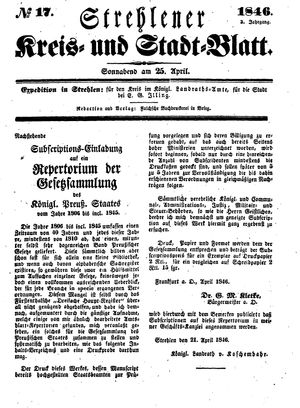Strehlener Kreis- und Stadtblatt vom 25.04.1846