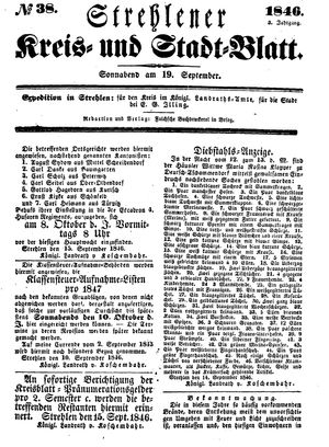 Strehlener Kreis- und Stadtblatt vom 19.09.1846