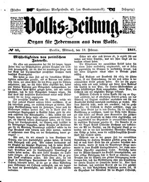 Volks-Zeitung vom 18.02.1857