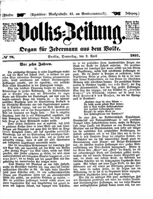 Volks-Zeitung vom 02.04.1857