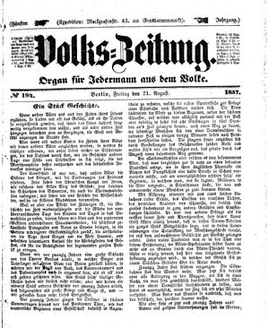Volks-Zeitung vom 21.08.1857