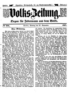 Volks-Zeitung on Sep 27, 1857