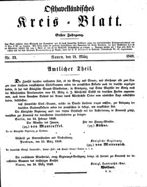 Osthavelländisches Kreisblatt on Mar 21, 1849