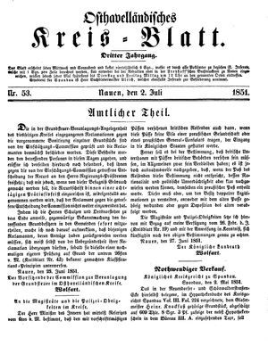 Osthavelländisches Kreisblatt on Jul 2, 1851