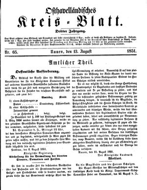 Osthavelländisches Kreisblatt on Aug 13, 1851