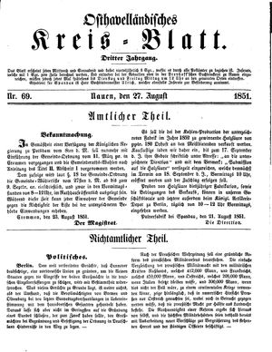 Osthavelländisches Kreisblatt on Aug 27, 1851