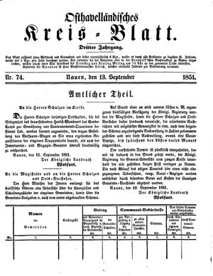 Osthavelländisches Kreisblatt on Sep 13, 1851