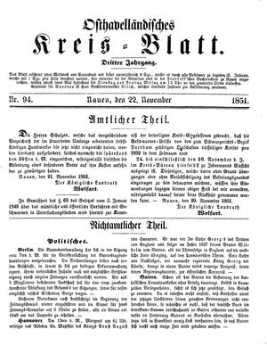 Osthavelländisches Kreisblatt on Nov 22, 1851