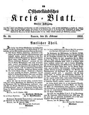 Osthavelländisches Kreisblatt vom 18.02.1852