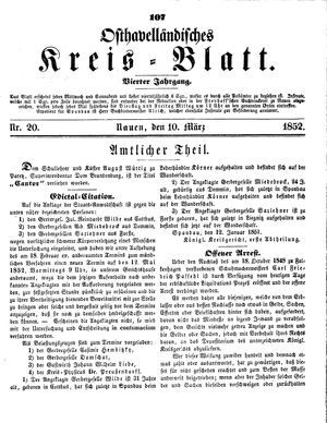 Osthavelländisches Kreisblatt on Mar 10, 1852