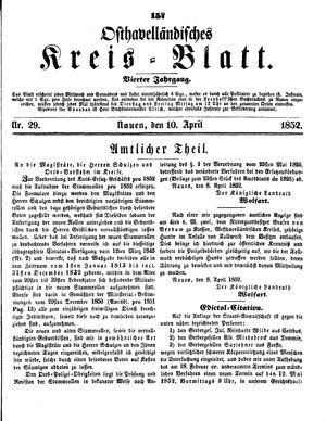 Osthavelländisches Kreisblatt on Apr 10, 1852