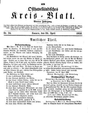 Osthavelländisches Kreisblatt on Apr 28, 1852