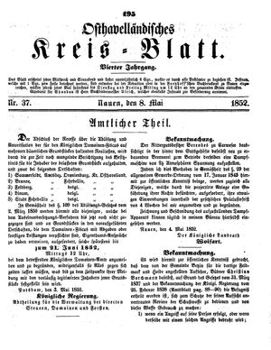 Osthavelländisches Kreisblatt on May 8, 1852