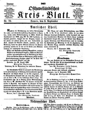 Osthavelländisches Kreisblatt vom 08.09.1852