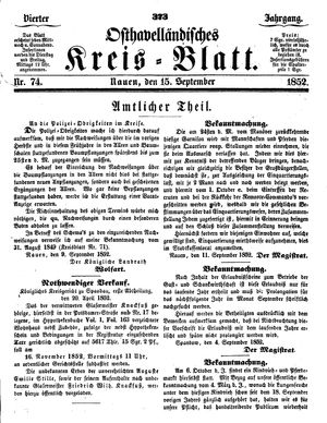 Osthavelländisches Kreisblatt vom 15.09.1852