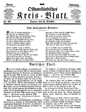 Osthavelländisches Kreisblatt vom 13.10.1852