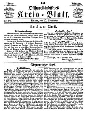 Osthavelländisches Kreisblatt on Nov 10, 1852