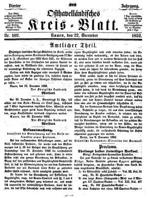 Osthavelländisches Kreisblatt on Dec 22, 1852