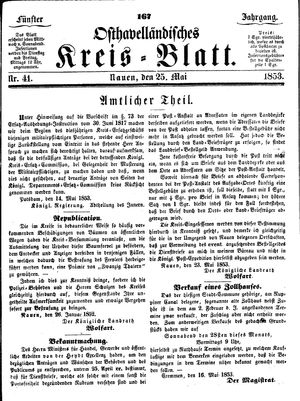 Osthavelländisches Kreisblatt vom 25.05.1853